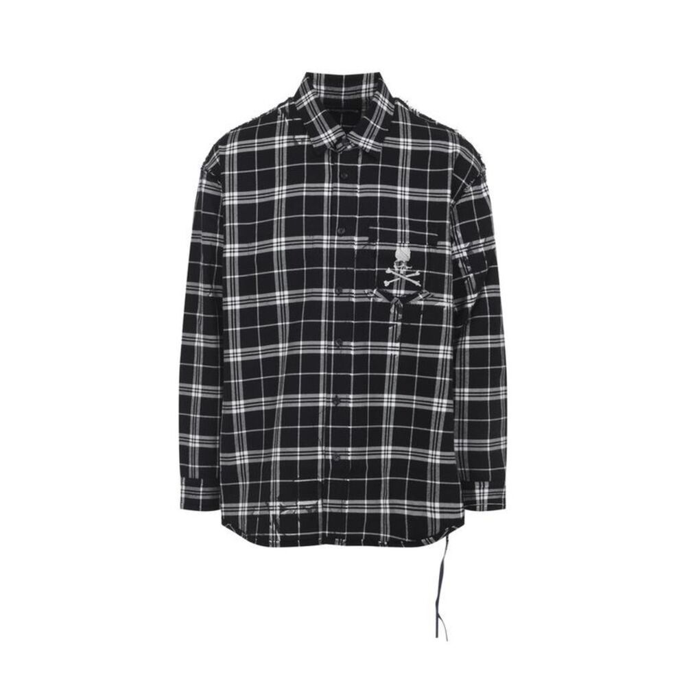MASTERMIND JAPAN Plaid Skull Print Distressed Cotton Flannel Shirt Men BLACK